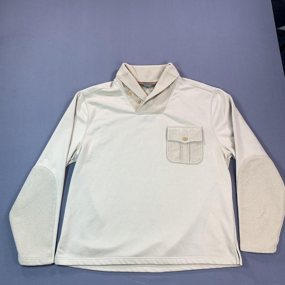 J.L. Powell Sweatshirt Mens XL Beige Shawl Collar Pullover Pocket Elbow Patches